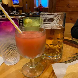 Raspberry margarita and large beer