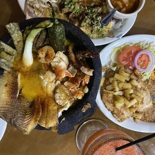 Molcajete de Mar, Crazy Pollo, Carne Asada y Al Pastor street tacos