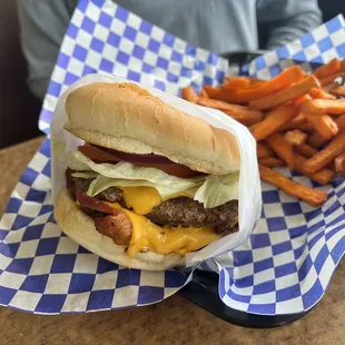Double Cheese Burger with bacon and sweet potato fries