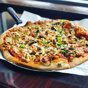 a pizza on a plate on a table