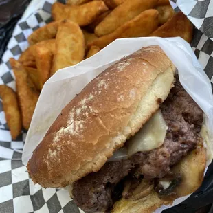 Steakhouse Burger with a side of Potato Wedges 1/2 Order