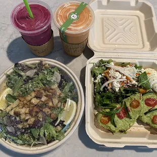 Pink Rose Smoothie, Summer Breeze Smoothie, Campo Avocado Toast, Vegan Caesar Salad