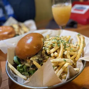 Bison burger with garlic cheese fries