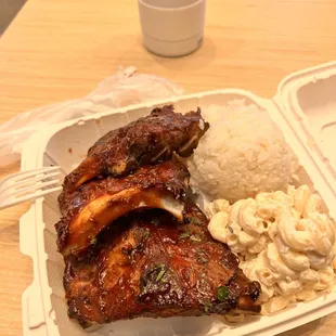 Guava ribs with sides of rice and Mac salad