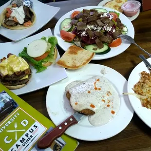 Saturday Brunch, Monster Cheeseburger, Gyro sandwich, Country Fried Steak n Eggs , Gyro Greek Salad a hidden Gem  Love