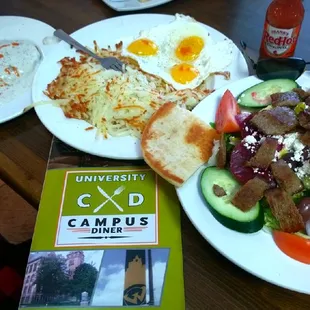 Truly great Country Fried Steak n Eggs hash brown too. Gyro Greek Salad Delicious