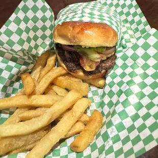 2 smash patties, Pepper Jack spread, blackberry habanero jam, red onion, lettuce &amp; fried country ham on brioche.