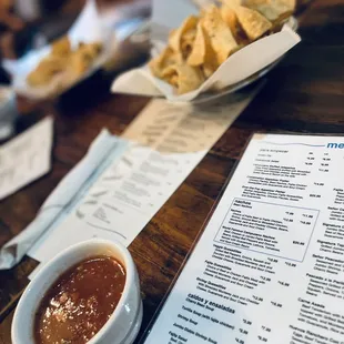 Menu, chips and salsa