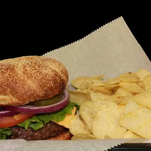 a hamburger and chips