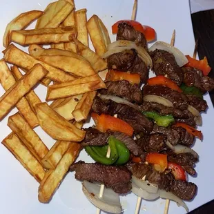 Beef Skewers with sweet potatoes fries
