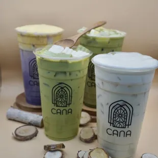 From Left to Right, Front to Back:
1. Thai Green Milk Tea
2. Cana Oolong Milk Tea
3. Taro Milk Tea with Creme Brulee
4. Matcha Milk Tea