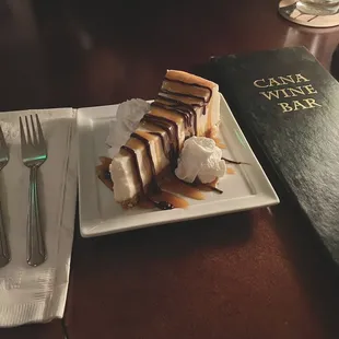 Cheesecake with caramel and chocolate drizzle