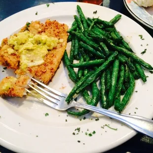 Pecan crusted sole with a pistachio butter and green beans