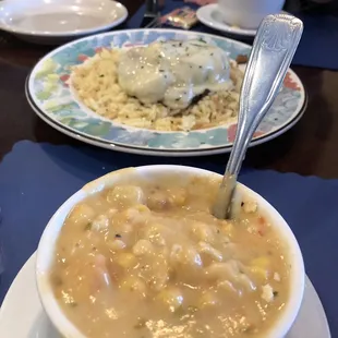 Shrimp corn chowder was fantastic.