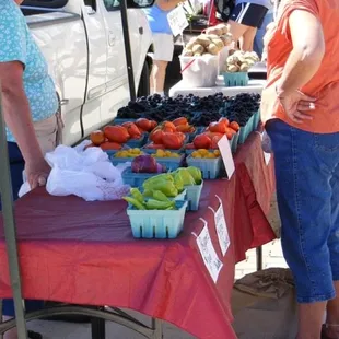 two women standing at a table with fruit and vegetables