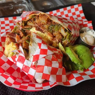 Breakfast Burrito - Three Eggs, Home Fries, Bacon, Roasted Poblano Peppers, Pepper Jack Cheese, Avocado, Salsa &amp; Sour Cream