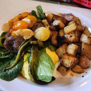 Veggie Egg Stack - Fresh Spinach, Roasted Poblano Peppers, 
Caramelized Onion, &amp; Tomato/Garlic Confit