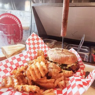 Fried Chicken Sandwich  with brussels sprouts coleslaw and waffle fries