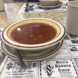 Fantastic corned beef cabbage soup!  Hot!  Comes w the 1.99 deluxe package fries &amp; soup. Busy place back to normal