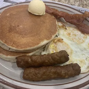 pancakes, sausages, and eggs