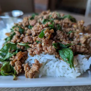 Basil pork over rice