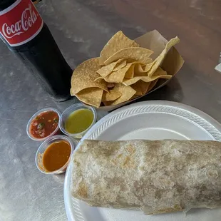 Burrito with chips, salsa and Mexican Coke