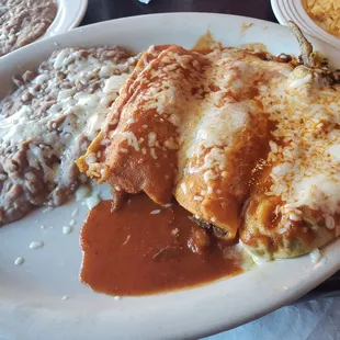 Beans, enchilada, tamale, chilie relleno