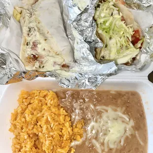 Fish &amp; Carnitas Tacos, Refried Beans &amp; Rice To Go