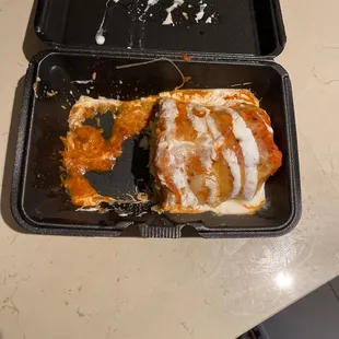 Only ate half. Too spicy!! I like hot wings and all that. They need to warn people about this sauce!! Geezus.