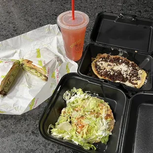 Milanesa torta, chicken tinga tostada and chorizo huarache- all very good