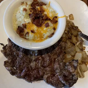 Ribeye, onions and mashed potatoes