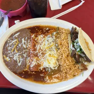 The Mexicana combo.  Carnitas taco, chile relleno , cheese enchilada, rice &amp; beans
