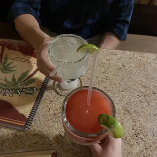 Regular margarita, frozen strawberry margarita