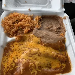 Beef enchiladas with rice and beans
