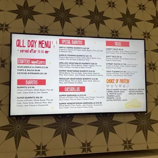 Menu has a fine selection of Mexican-inspired dishes, plus salads and burrito bowls on a menu not shown.