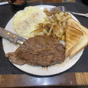 Steak, eggs, and potatoes