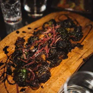 Crispy Brussels sprouts With Turkey Bacon Balsamic Reduction and Parmesan Cheese