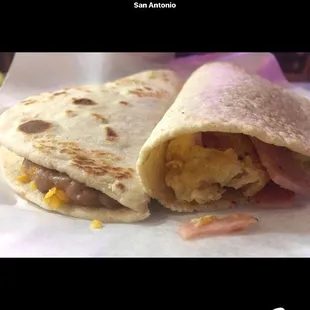 Breakfast tacos: bean &amp; cheese in flour tortilla, ham &amp; egg in corn tortilla. Homemade tortillas!