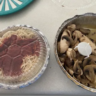 Left: side of angel hair pasta Right: chicken piccata