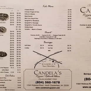 Candela&apos;s Menu as of March 2022.