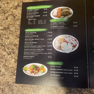 Breakfast plates, tacos, seafood tostadas.