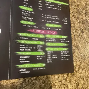 Drinks, caldos mexicanos, kids menu, cocteles, salads, deserts.