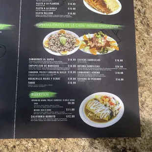 Filete de pescado, house specialties, burritos.