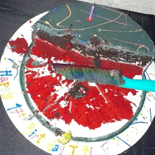 chocolate and red velvet, decoration was disappointing suppose to be black w/ bright neon.