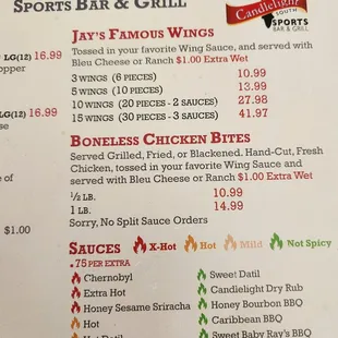 Menu as of March 30, 2023, concentrating on wings section.