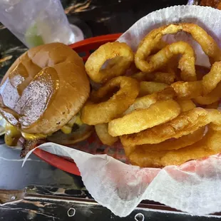 Cheeseburger and onion rings