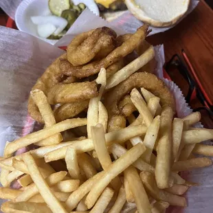 Frings with cheeseburger in the background