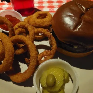 Mushroom Swiss burger and onion rings
