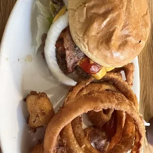 Bacon cheeseburger and onion rings.