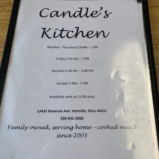 Restaurant information times and location.